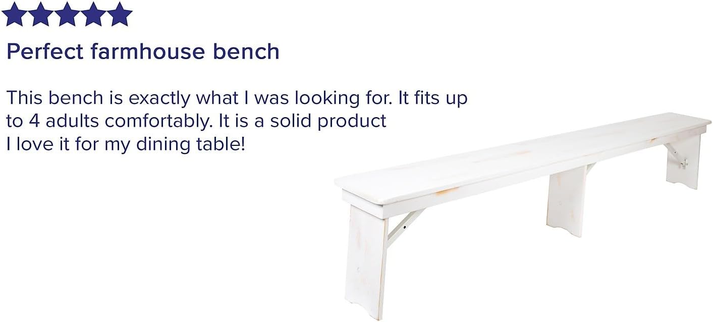 Flash Furniture Hercules Commercial Grade Farmhouse 3 Leg Bench - Solid Pine Foldable Bench with Seating for 4 - 8'x12" - Antique Rustic White