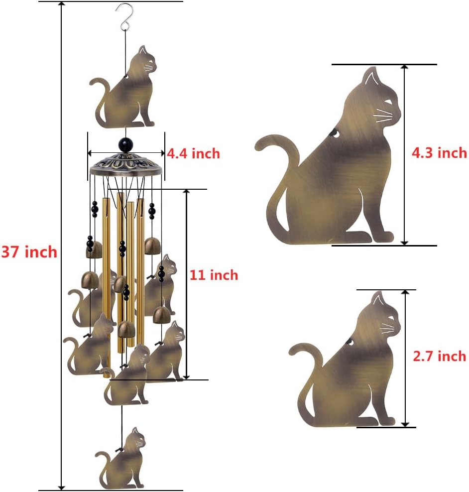 Garden Cat Wind Chimes Outdoor Indoor Decor - with 4 Tubes 7 Cats Wind Chime, Mobile Romantic Cats Wind Catcher, Bronze Cats Wind Bells for Home, Mom Gifts, Balcony, Tree, Festival, Garden Decoration