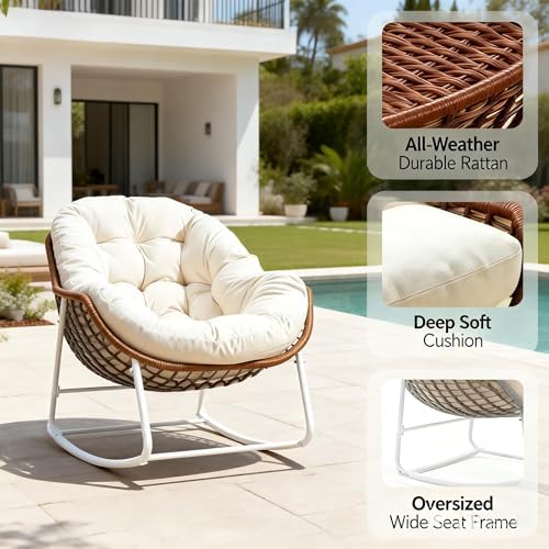 YDcosyfy Oversized Outdoor Papasan Rocking Chair with Soft Cushion, Comfy Patio Egg Chair, Wicker Lounge Rocker for Balcony/Porch/Garden, Reinforced All Weather Rattan Frame, 330 lbs Support, Cream