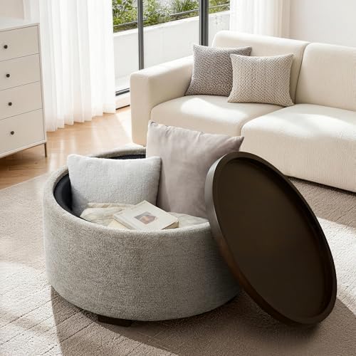 Zihanhome 30 Inch Round Storage Ottoman, Ottoman Coffee Table with Lift Off Lid, Boucle Modern Ottomans with Storage for Living Room, Bedroom, Apartments (Light Brown Striped)
