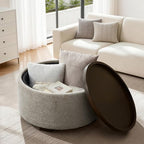 Zihanhome 30 Inch Round Storage Ottoman, Ottoman Coffee Table with Lift Off Lid, Boucle Modern Ottomans with Storage for Living Room, Bedroom, Apartments (Light Brown Striped)