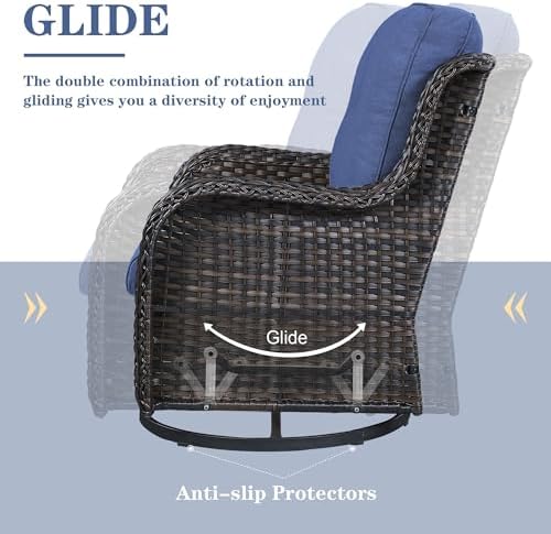 Belord Wicker Outdoor Furniture Patio Furniture Set - 6 Piece Patio Conversation Set with Swivel Rocker Chairs, Rattan Sofa, Ottomans and Coffee Table, Blue Cushion