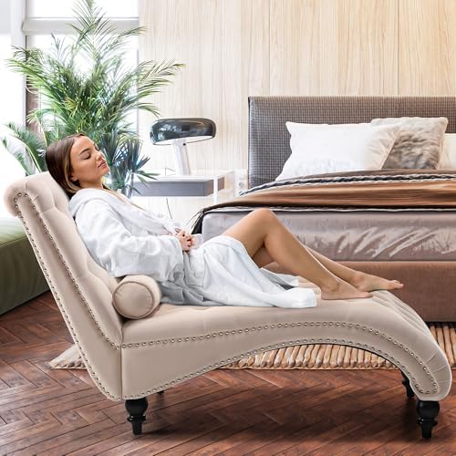SLEERWAY Chaise Lounge Chair Indoor, Modern Velvet Upholstered Sofa with Solid Wooden Leg and Lumbar Pillow, Button Tufted Sleeper Chaise Lounge Chairs for Bedroom Living Room Office, Beige