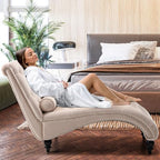 SLEERWAY Chaise Lounge Chair Indoor, Modern Velvet Upholstered Sofa with Solid Wooden Leg and Lumbar Pillow, Button Tufted Sleeper Chaise Lounge Chairs for Bedroom Living Room Office, Beige