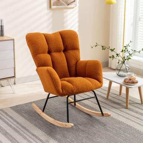 Rocking Chair, Upholstered Teddy Fabric Glider Chair with Thick Cushion, Lounge Accent Armchair with High Backrest, Accent Rocking Chairs for Living Room, Bedroom, Orange