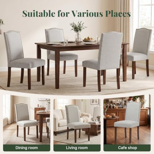 Upholstered Dining Chair Set of 4, Farmhouse Fabric Kitchen Chair | Modern, Padded Seat, Solid Wood Legs, High Back, Nailhead Trim, Living Room, Restaurant, Hotel, Grey