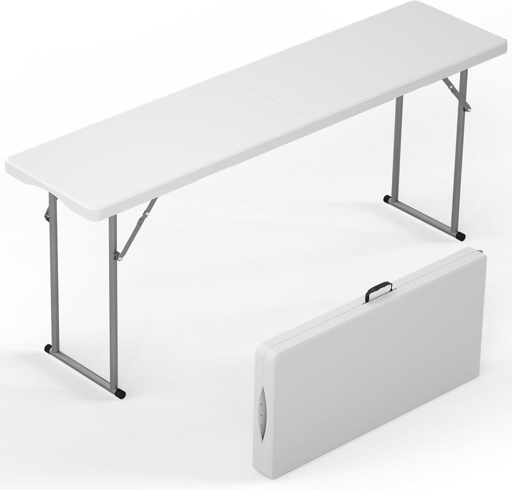 HLPB 6 FT Narrow Folding Table, Tabletop Fold-in-Half, Thickened HDPE Material and Thicker Metal Frame, Foldable with Handle & Safety Locks, Perfect for Meeting, Party, White