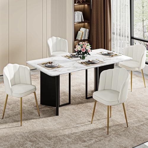 VECELO Velvet Dining Chairs Set of 2, Modern Upholstered Kitchen Chairs with Thick Cushions, Curved Padded Backrest and Metal Legs, for Kitchen, Dining Room, Living Room, White