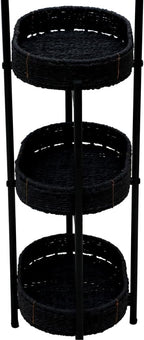 Small Handwoven Side Table 3-Tier Oval Storage Organizer, Wicker Shelf for Kitchen, Living Room, Bedroom, Balcony, Picnic, Portable Woven Rack (Black)