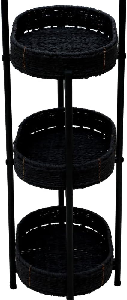 Small Handwoven Side Table 3-Tier Oval Storage Organizer, Wicker Shelf for Kitchen, Living Room, Bedroom, Balcony, Picnic, Portable Woven Rack (Black)