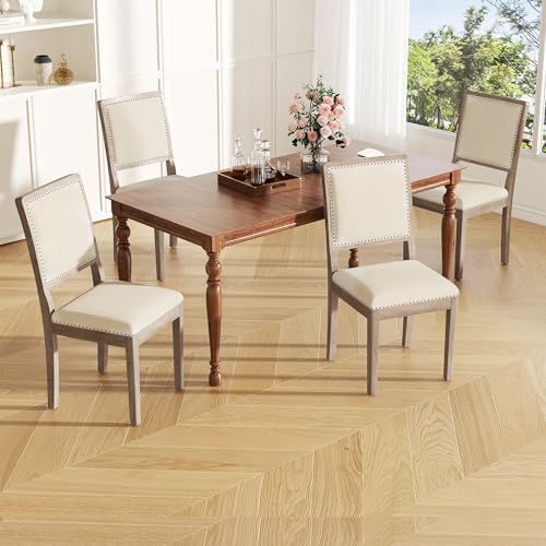 Dining Chair Set of 6, Mid Century Modern Upholstered Dining Room Chairs, Fabric High Back Kitchen Chairs with Nailhead Trim and Wood Legs for Living Room Kitchen Restaurant, Beige