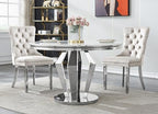 44.88" Round Dining Table Set, Luxury Diamond-Shape Dining Room Table with Faux Marble Top & 4 Beige Tufted Velvet Chairs, White&Silver Circle Kitchen Table and Chairs Set with Stainless Steel Base