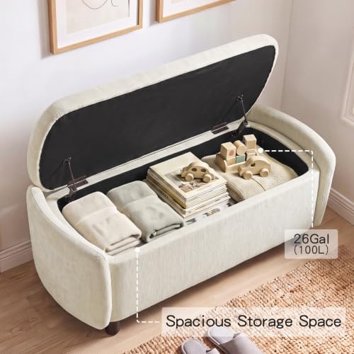 Furniliving 46.5‘’ Chenille Storage Bench, Button-Tufted Upholstered Storage Ottoman Bench with Safety Hinge, End of Bed Bench for Bedroom Entryway Living Room, Beige