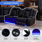 Power Recliner Sofa Set, Living Room Furniture Sets, Leather Sectional Sofa Set with LED Lights, Cup Holders, Storage Console for Living Room/Home Theater (Black)