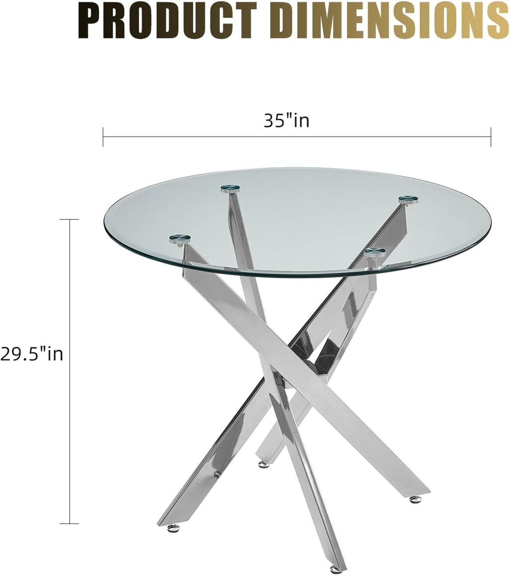 35.4 Inch Glass Dining Table for 4, Modern Round Kitchen Table with Silver Legs, Spacious Dining Room Furniture for Apartments, Studio, and Open Kitchen & Dining Areas
