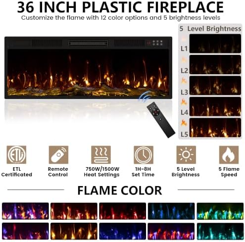 Tavata Fireplace TV Stand 70" Entertainment Center with 36" Fireplace, Wooden TV Stand for TVs Up to 80", Media TV Console with High Gloss Storage Cabinet and 20 Colors LED Lights (Black)