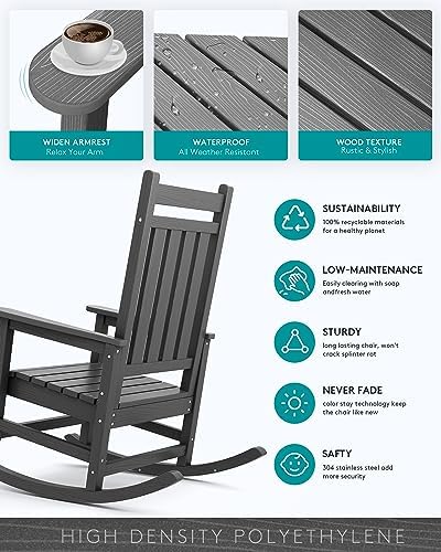 SERWALL Outdoor Rocking Chair Set of 2, HDPE Rocking Chairs for Adult, Grey | 21.1" Widened Seat adds Extra Comfort, Oversized Rocking Chair for Adults, All Weather Porch Rocker for Lawn Garden