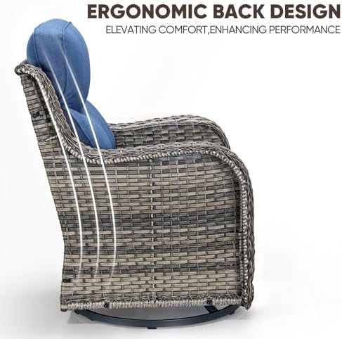 Swivel Patio Chairs sofa Set of 4 with 6" Thick Cushion - Wicker Outdoor Swivel Rocker Patio Chair ,Sofa/Glass coffee table, High Back Comfortable Outdoor Glider Chairs - Grey Wicker | Blue Cushions