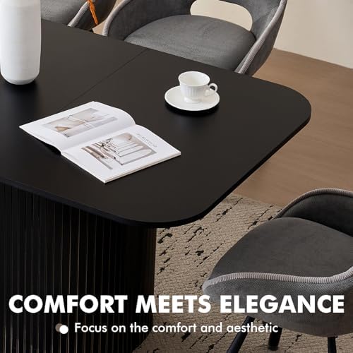 63" Large Oval Corners Dining Table for 4 6, Black | Rounded Corners Metal Frame Grooved Pedestal Base Modern Rectangle Kitchen Dinner Dining Table Wood-Patterned Surface
