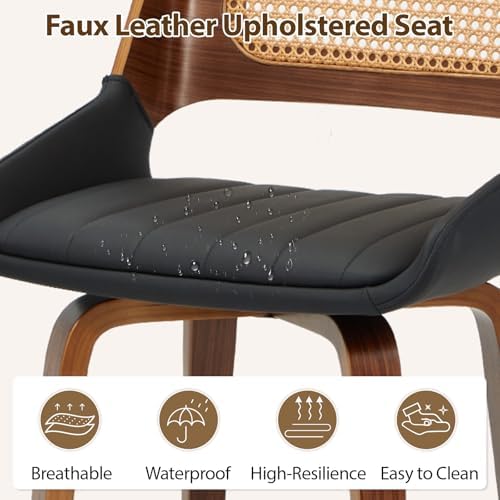 AVAWING Swivel Dining Chairs Set of 4, Mid Century Modern Dining Room Chairs with Cane Back & Leather Seat, Upholstered Rattan Chairs with Walnut Bentwood Frame & Adjustable Foot Pads, Black