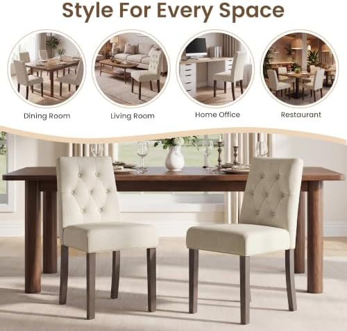 Dining Chairs Set of 2, Parsons Chairs for Small Spaces, Light Beige | Modern Dining Room Chairs with Solid Wooden Legs, Fabric Upholstered Kitchen Chairs for Restaurant & Cafe