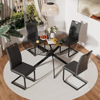 RGZ 5 Pieces Modern Round Kitchen Set, Clear Grey Circle Glass Dining Table with Dark Grey PU Faux Leather Chairs Set of 4, 47'' Large Luxury Circular Dinner Room Set, for Leisure Apartment (Black)
