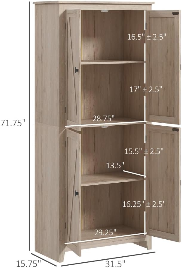72" Freestanding 4-Door Kitchen Pantry, Storage Cabinet Organizer with 4-Tiers, and Adjustable Shelves, Natural