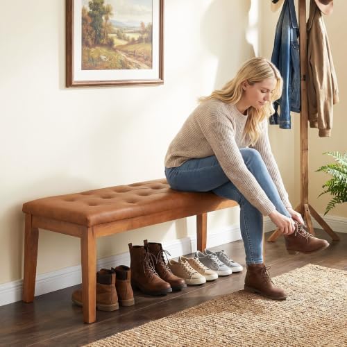 Ottoman Bench Oversized Entryway Shoe Bench Seat Faux Leather Brown | Large Long Rectangle Dining Bench with Button-Tufted Padded Upholstered Seat & Wood Legs for Living Room Bedroom End of Bed