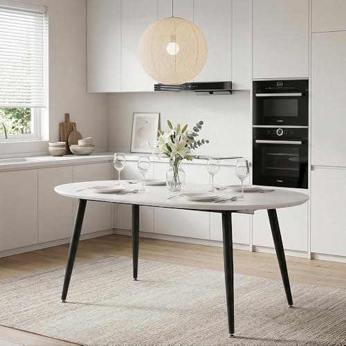 Round to Oval Extendable Dining Table for 4-8, 43" -75" Expandable Kitchen Table with Dual Extension Leaves, White Tabletop & Black Metal Legs, Space-Saving Modern Dining RoomTable, Easy Assembly
