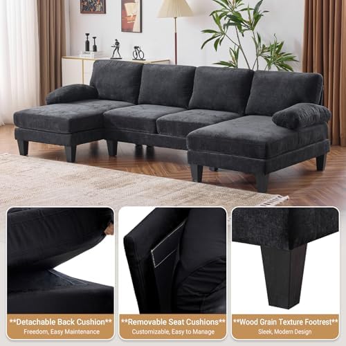 VINGLI 110" Sectional Couches for Living Room,U Shaped Couch with Double Chaise, 4-Seat Sofa Set with Chenille Fabric for Home Furniture,Black