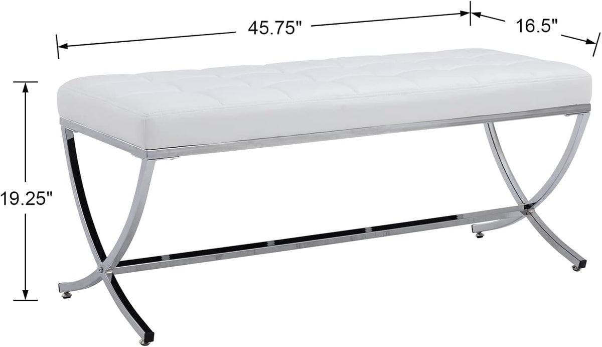 DUOMAY Modern Tufted Ottoman Bench, 45.75" W x 16.5" D x 19.25" H, White | PU Leather Upholstered, Button Tufted, Footrest Stool Vanity Seat, X Metal Legs