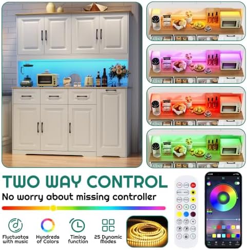 72" Tall 60" Wide Extra Large Pantry Storage Cabinet w/Power Outlet,LED Light,Farmhouse Kitchen Hutch Food Pantry Cabinet,3 Drawer,6 Doors Shelves,Storage Cart 3 Tier,for Kitchens,Dining Room,White