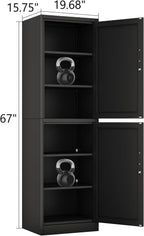 Metal Locker Cabinet with Doors and Shleves, 67" H Tall Narrow Storage Cabinet with Lock, Pantry Storage Cabinet for Living Room, Pantry, Bathroom (2Doors-Lock, Black)