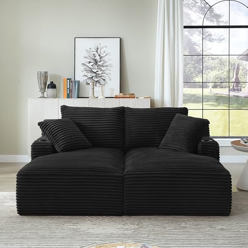 Eafurn Oversized Double Chaise Lounge Indoor with Cup Holders & Side Pocket, 71" Plush Corduroy Floor Chaise Lounge Sofa with High Density Sponge & Deep High Seat Comfy Sleeper Couch Bed