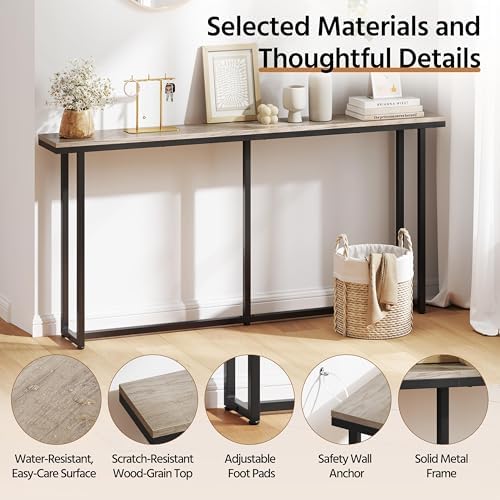 Yaheetech 63" Narrow Console Table Behind Couch & Entryway, Gray | Slim Sofa & Hallway Table, Metal Frame, Engineered Wood Top, Holds Lamps & Plants, Wall Anchors & Adjustable Feet, Easy Setup