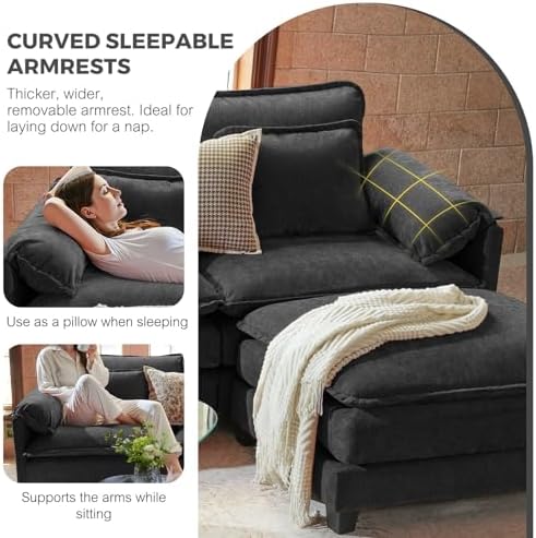 ELUCHANG 153" Oversized Modular Sectional Sofa, Comfy Chenille Cloud Couch, 8-Seater U Shaped Modern Deep Seat Sofa w/Removable Covers for Living Room, Bedroom, DIY Combination - Black
