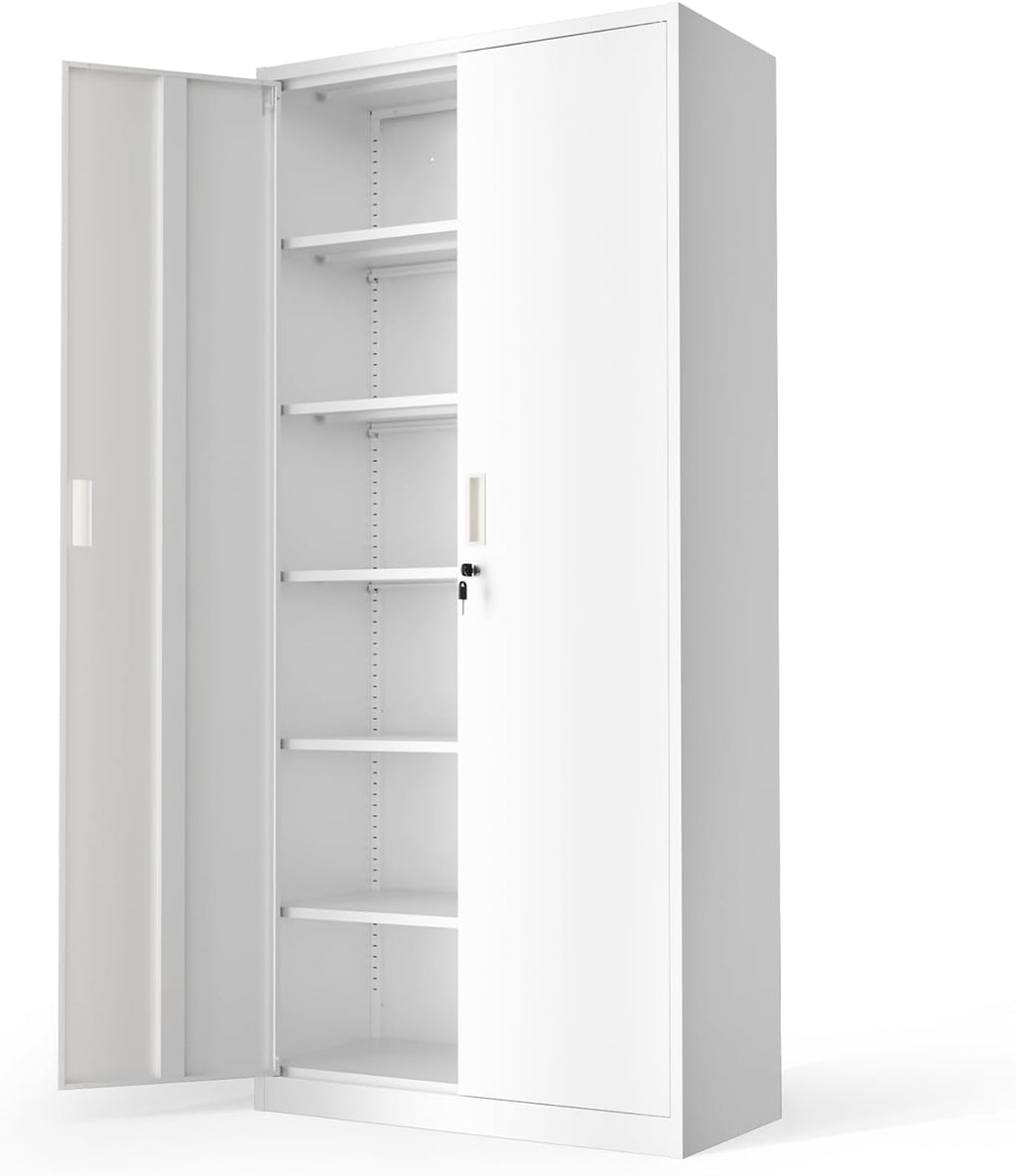 VINGLI Metal Garage Storage Cabinet with 2 Doors and 5 Adjustable Shelves, 71" Tall Steel Lockable File Cabinet, Locking Tool Cabinets for Home Office Garage Gym School (White)