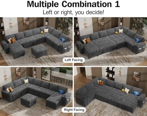 Vipbear 130" Modular Sectional Sleeper Sofa with Pull Out Bed, 9 Seat Chenille U Shaped Couch with Ottoman and Chaise|USB Ports|Cup Holders|Side Table, Tool Free Assembly, Grey