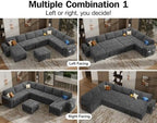 Vipbear 130" Modular Sectional Sleeper Sofa with Pull Out Bed, 9 Seat Chenille U Shaped Couch with Ottoman and Chaise|USB Ports|Cup Holders|Side Table, Tool Free Assembly, Grey