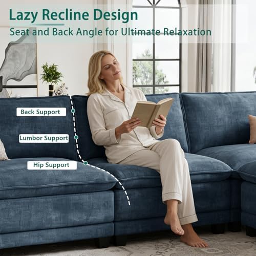 140" Modular Sectional Couch, U Shaped Cloud Sofa for Living Room | Comfortable Foam Cushions, Sturdy Frame, Appealing Appearance, Easy Assembly, Soft Chenille, Modular Design, Blue