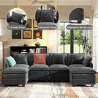107" Cloud Couch Sectional Modular Sofa, Deep Seat Couches with Ottoman and Removable Washable Pillows for Living Room, Bedroom, Apartment, Black