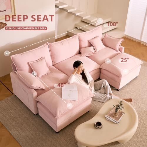 GOSUHI 108" U-Shaped Modular Cloud Couch, Deep Seat, Chenille Pink | Cloud Comfort, Couches for Living Room, Removable & Machine-Washable Covers, Movable Ottoman, Modular Sectional Sofa
