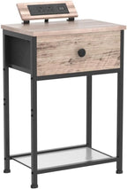 AMHANCIBLE Night Stand, End Tables Living Room Set of 2, Small Nightstand with Charging Station, Slim Bed Side Table with Fabric Storage Drawer for Bedroom, Small Space, Greige, HET03SDPGY