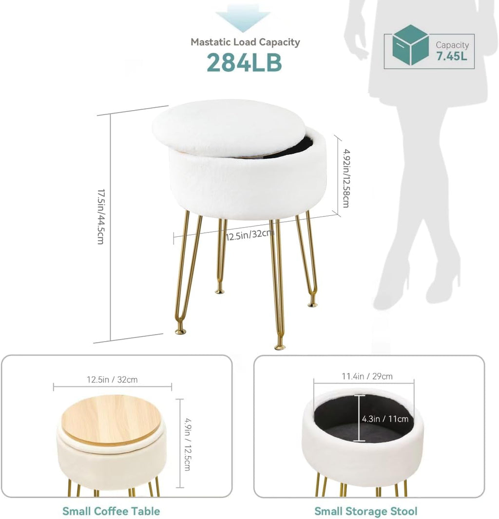 BRIAN & DANY Vanity Stool, Faux Fur Vanity Stool Chair with Storage, Round Makeup Chair Soft Padded Seat with Legs for Bedroom (White)