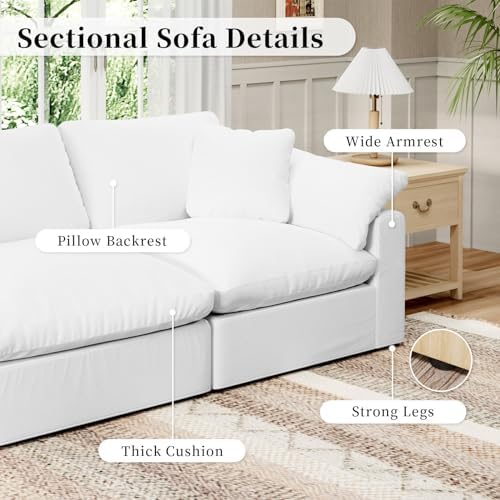 Modular Sectional Sofa Cloud Couch,Down Filled Comfy Cloud Modern Sofa,White Linen L Shape Oversized Couch Cushion Covers Removable Furniture for Living Room