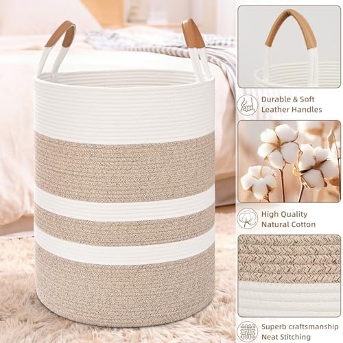 Large Laundry Basket, Laundry Hamper with Leather Handles, 60L Woven Dirty Clothes Hamper, Rope Hampers for Bedroom, Barthroom, Brown
