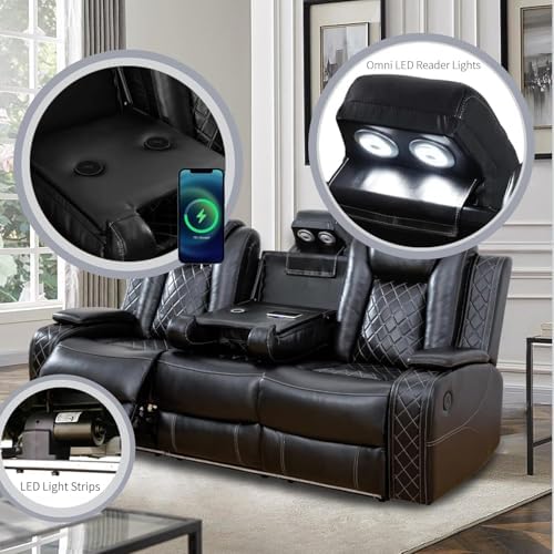 Power Recliner Set with LED Lights, Air Leather Reclining Set with USB Port/Wireless Charger/Storage Console/Cup Holder for House/HomeTheater/Apt (Black, Sofa Loveseat Chair)