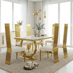 Dining Chairs Set of 6, Luxury Upholstered Boucle Chairs with Slatted Mirrored Polished Metal High Back and Legs, Modern White and Gold Dining Chairs with Breathable Backrest
