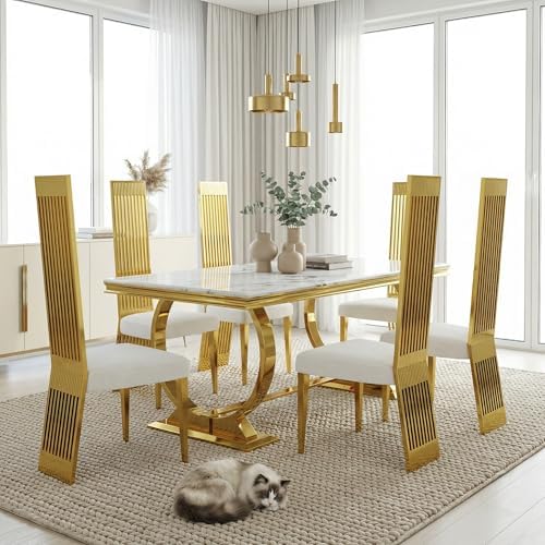 Dining Chairs Set of 6, Luxury Upholstered Boucle Chairs with Slatted Mirrored Polished Metal High Back and Legs, Modern White and Gold Dining Chairs with Breathable Backrest