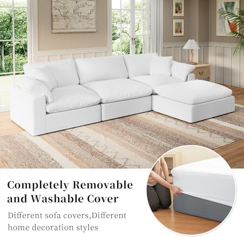 Modular Sectional Sofa Cloud Couch,Down Filled Comfy Cloud Modern Sofa,White Linen L Shape Oversized Couch Cushion Covers Removable Furniture for Living Room